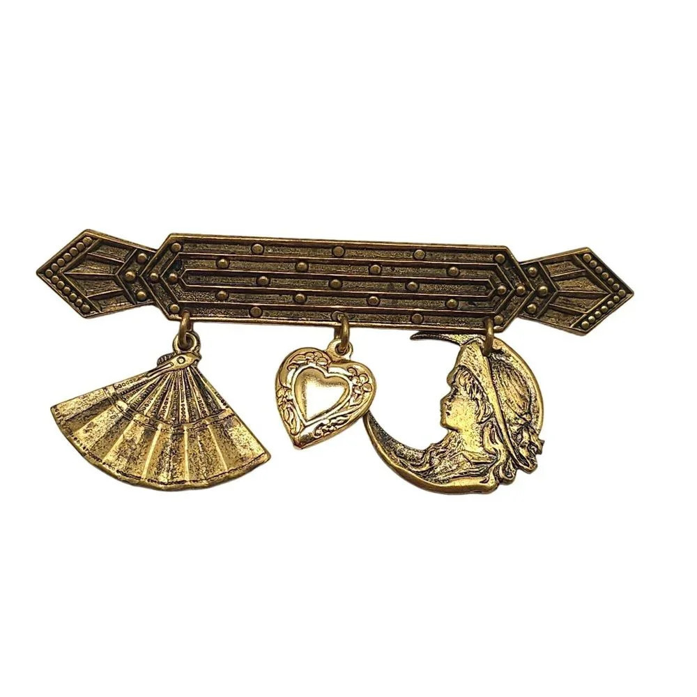 Fan Heart Moon Bar Charms Bar Brooch Pin Gold Tone Vintage
